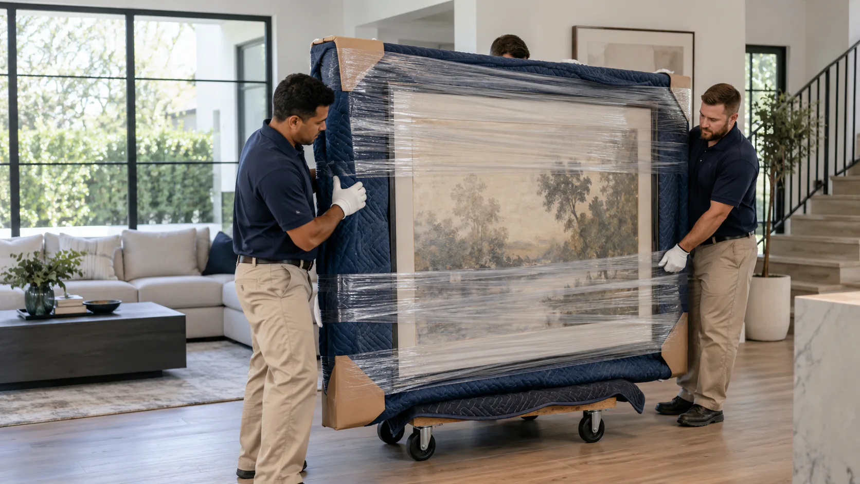 Movers preparing specialty items for transport