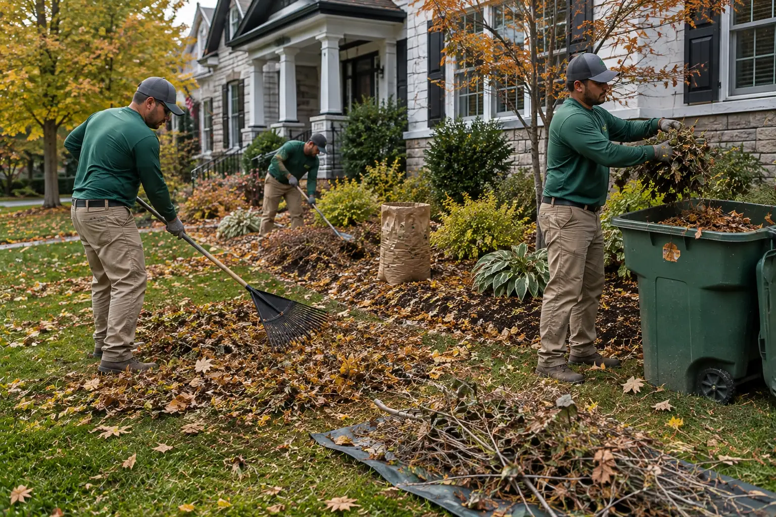 Landscaper cleaning leaves and debris from a yard