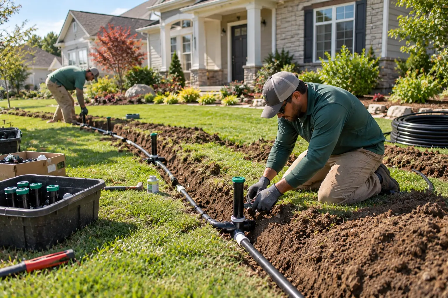 Technician installing a residential sprinkler system