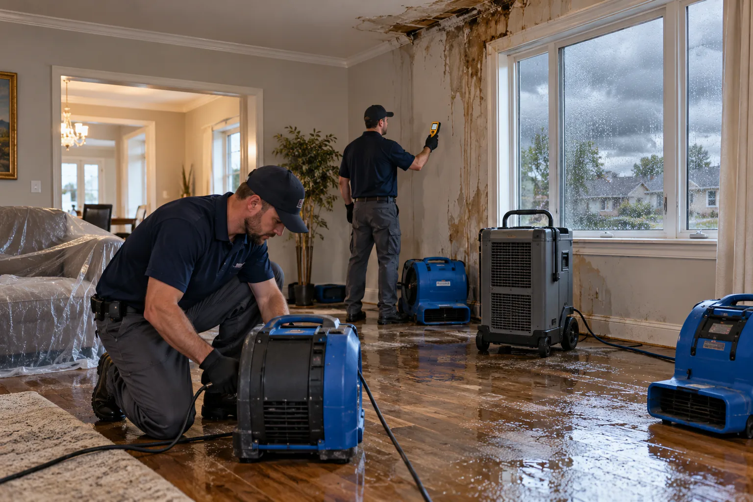 Technicians assessing storm-related water damage inside a home