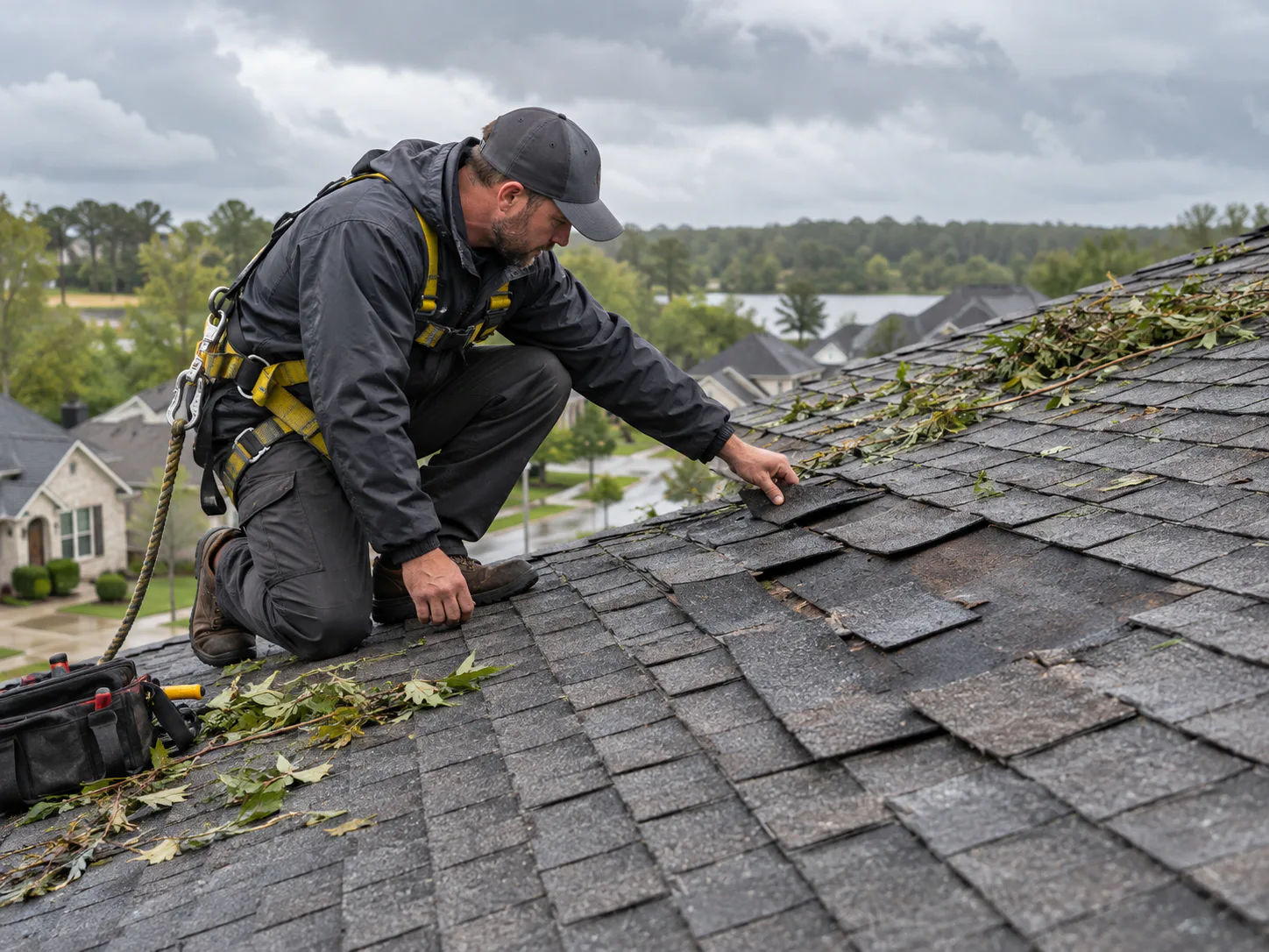 Roofers repairing a storm-damaged roof