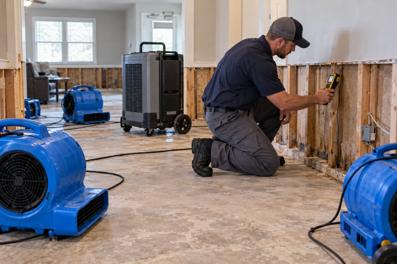 Air movers and dehumidification equipment drying a water-damaged room
