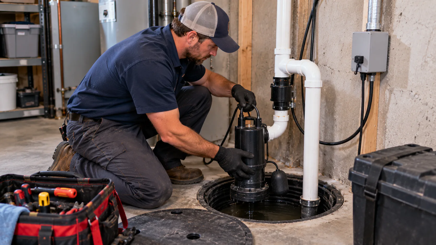 Plumber inspecting a basement sump pump