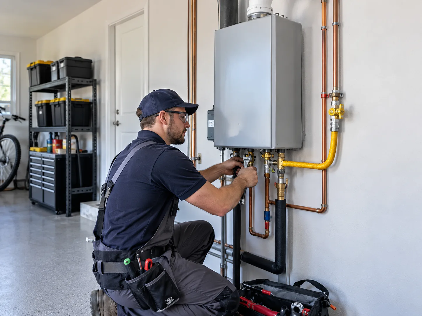 Technician servicing a tankless water heater