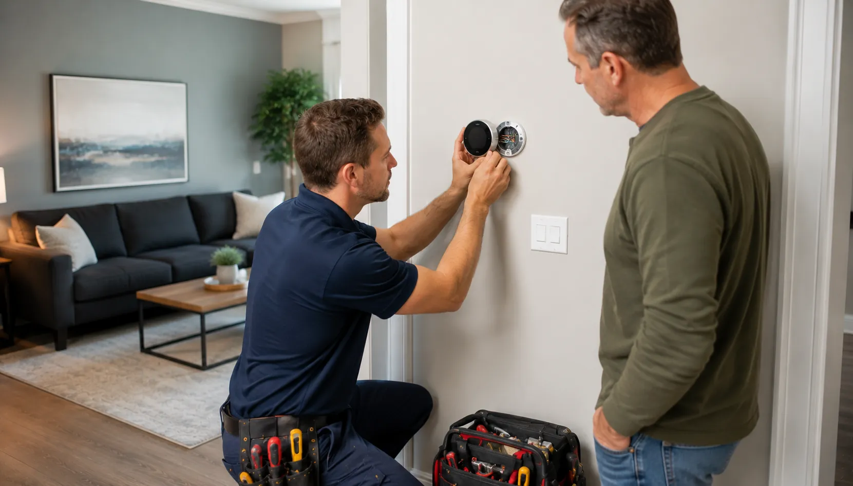 HVAC technician installing a wall-mounted thermostat