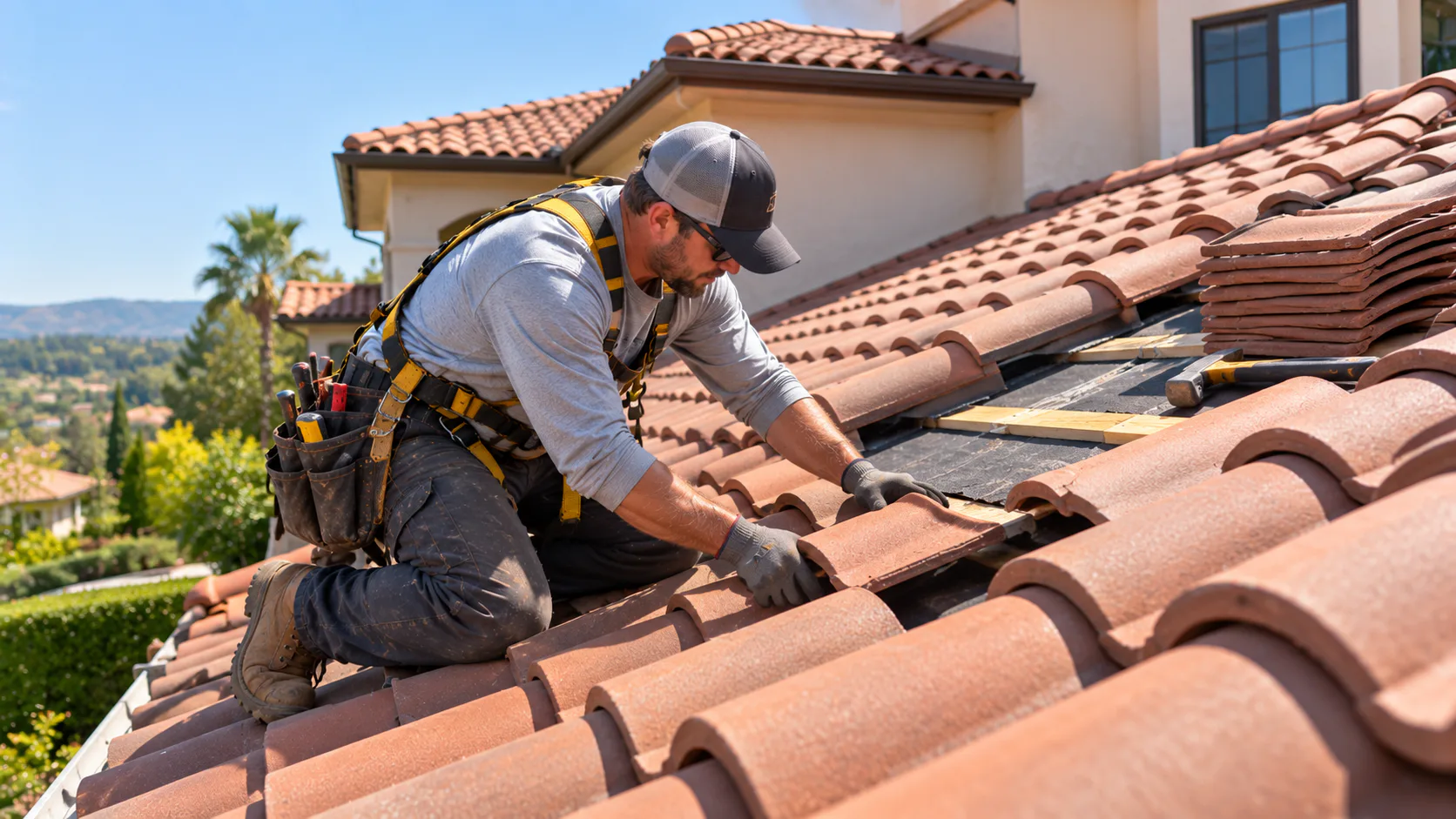 Roofers installing a tile roof