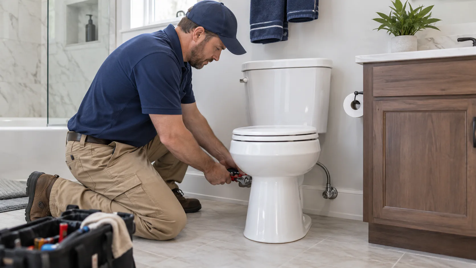 Plumber repairing a residential toilet