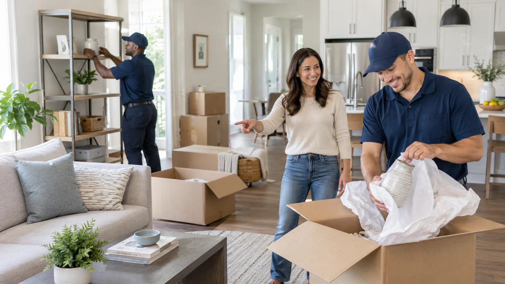Movers unpacking boxes in a new home
