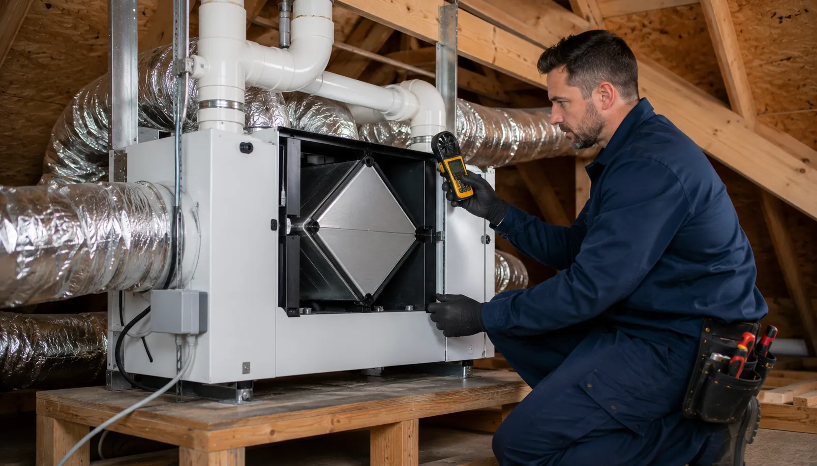 HVAC technician inspecting home ventilation equipment