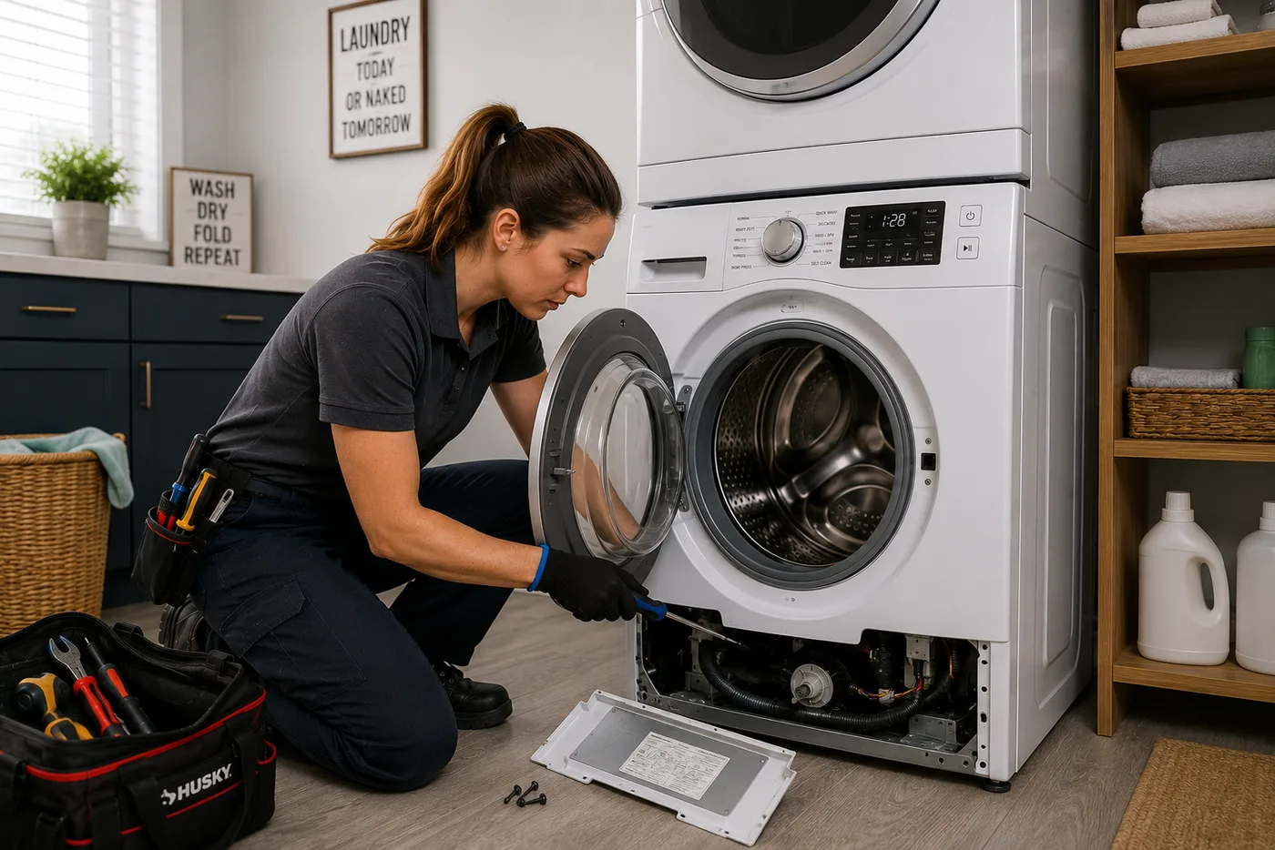 Technician checking a washer dryer combo unit
