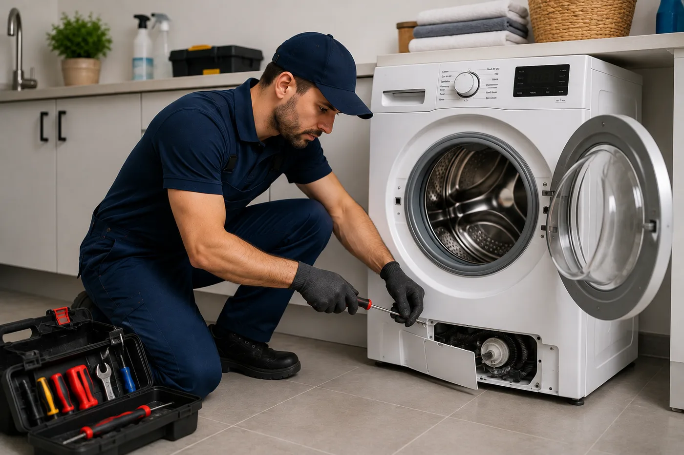 Technician working on a washing machine in a laundry room