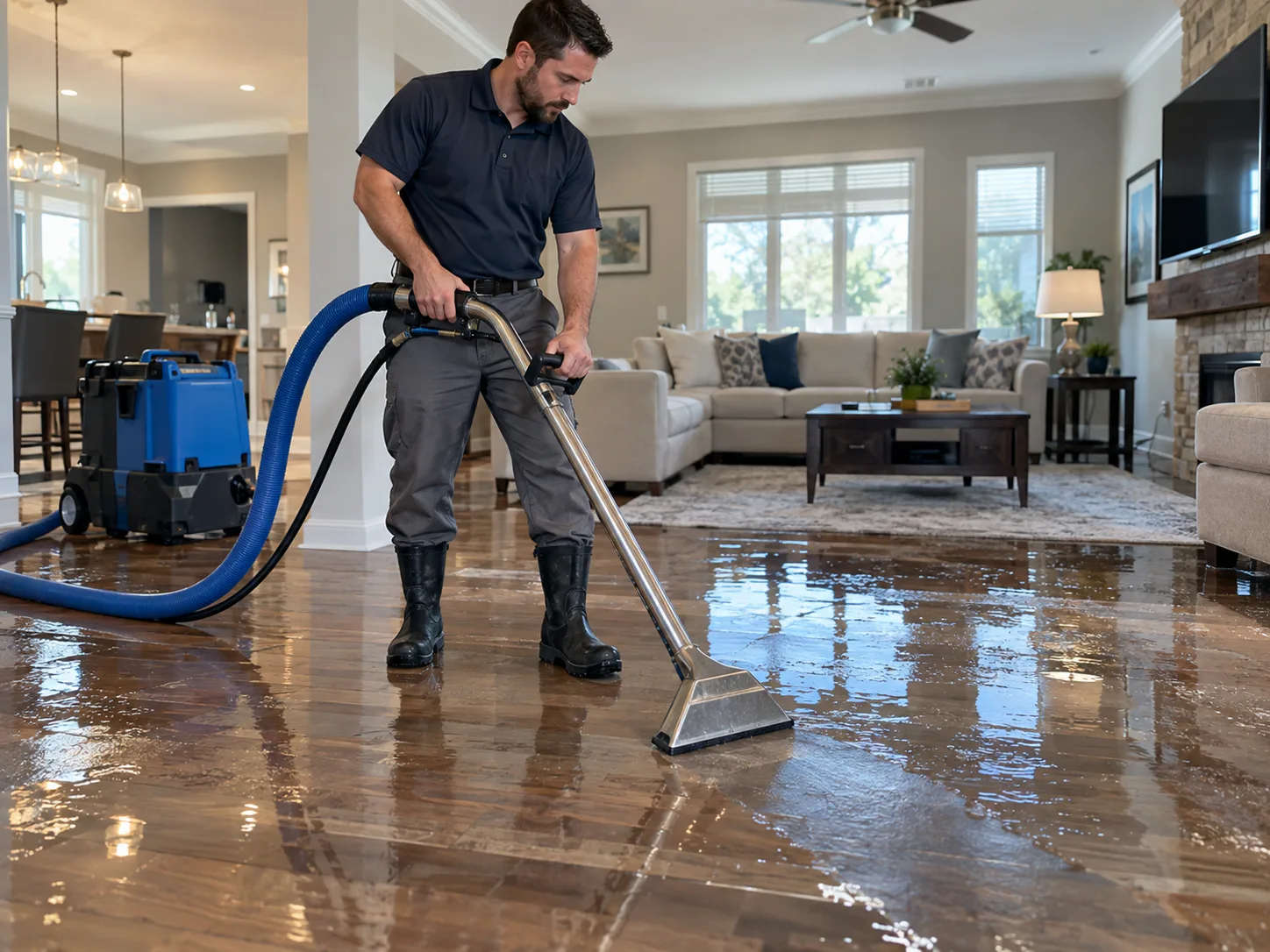 Technician extracting standing water from a residential floor