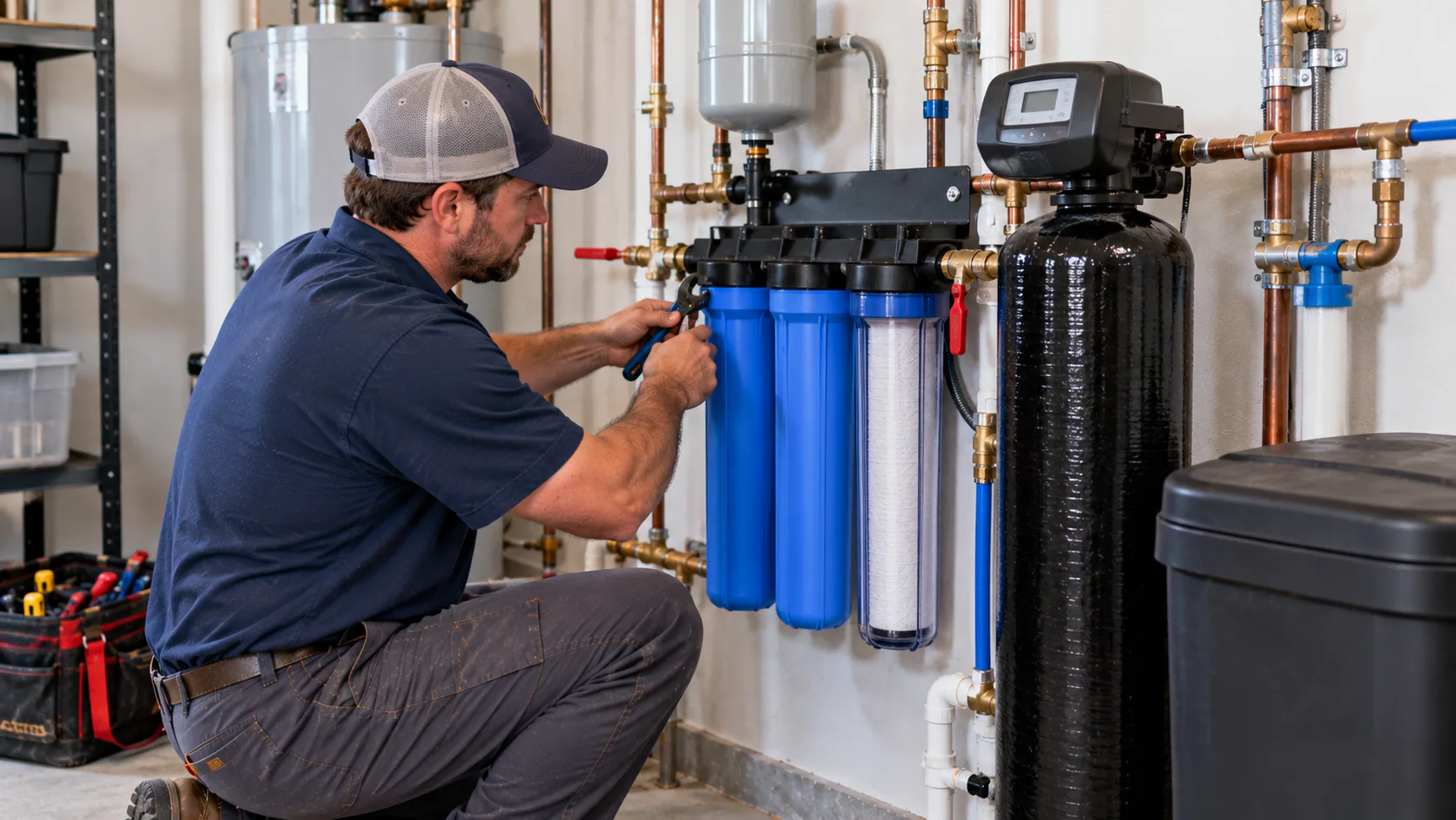 Technician installing a home water filtration system