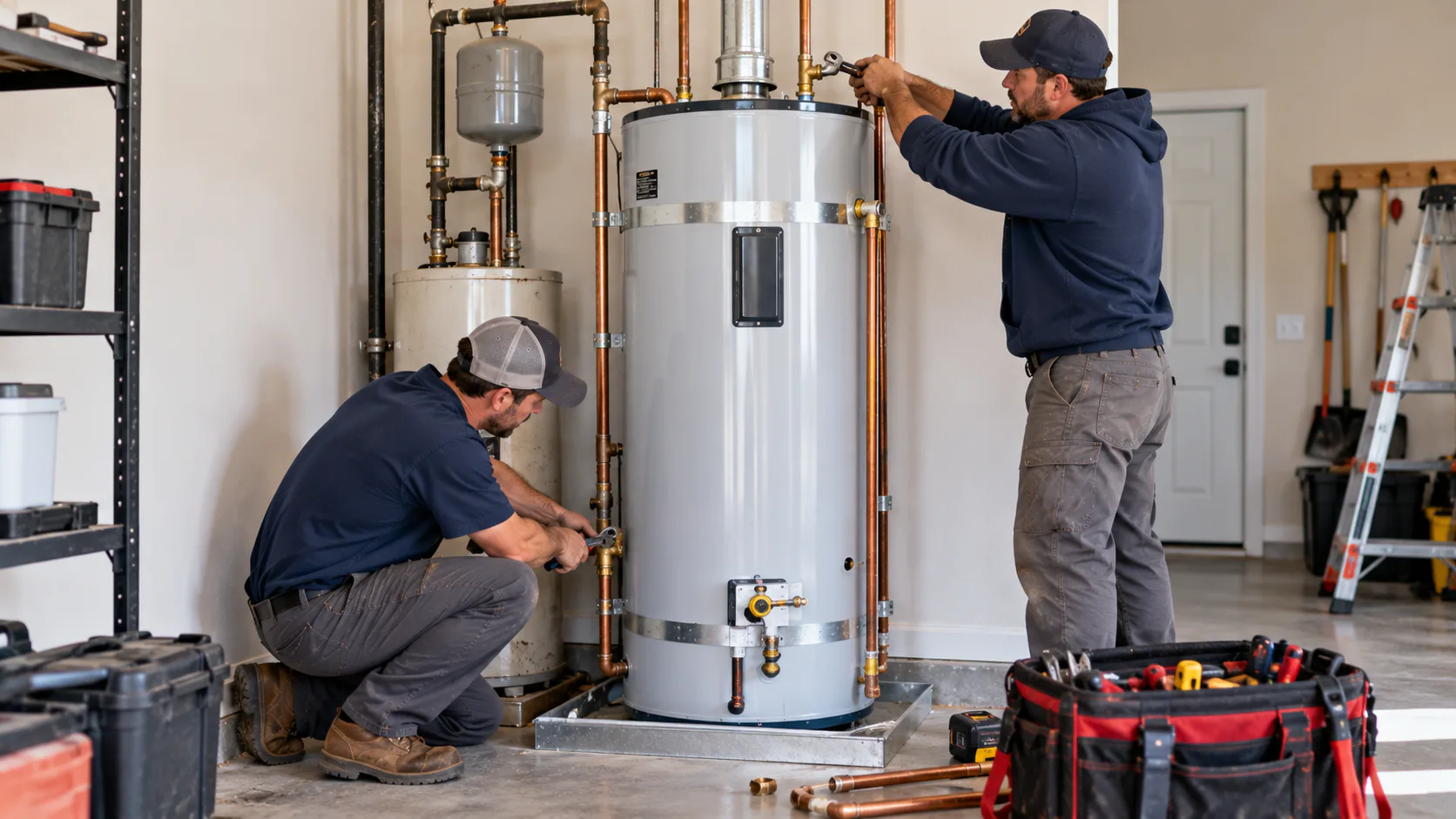 Plumber installing a residential water heater