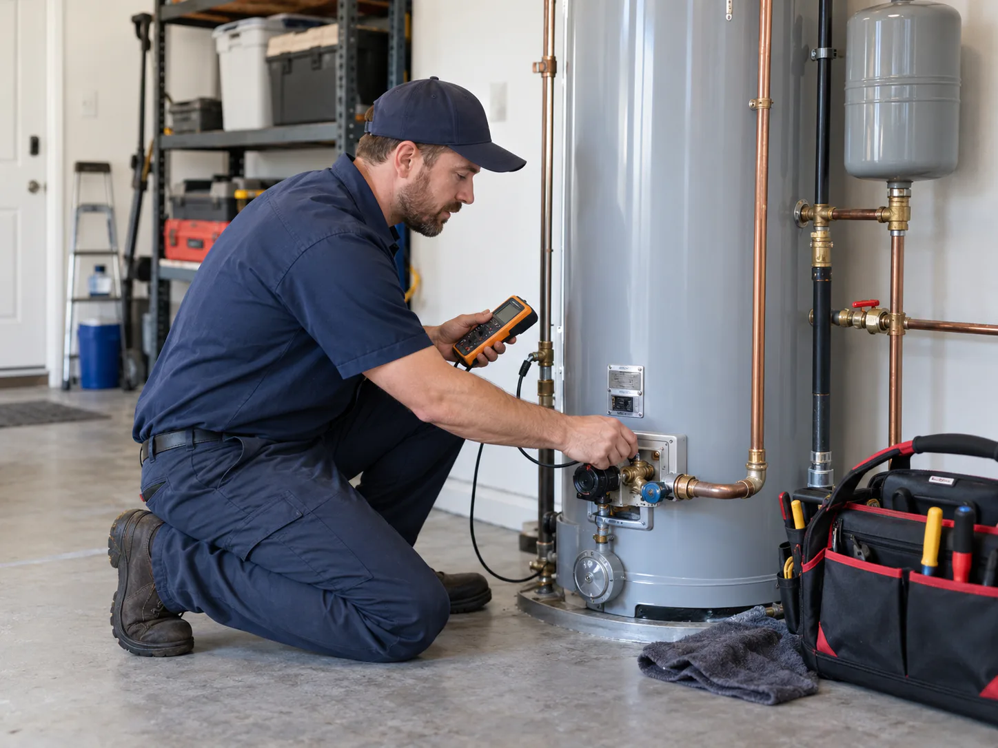 Plumber inspecting a residential water heater