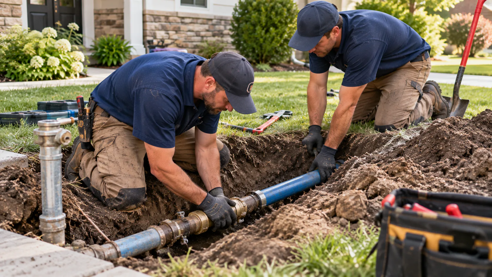 Technician repairing an exterior water service line