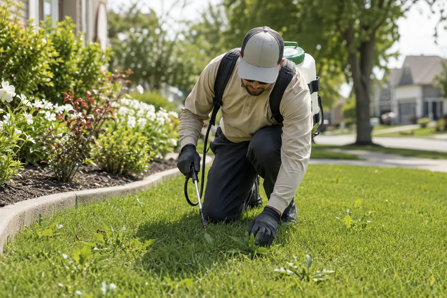 Landscaper treating weeds in a residential lawn
