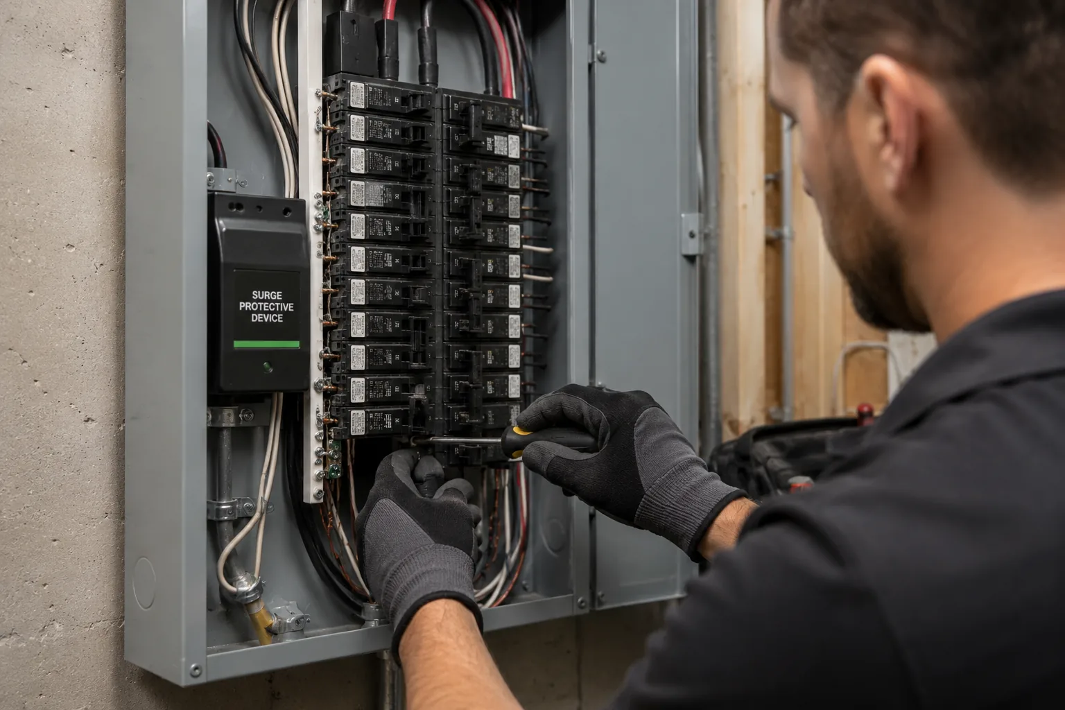 Electrician installing surge protection equipment near an electrical panel