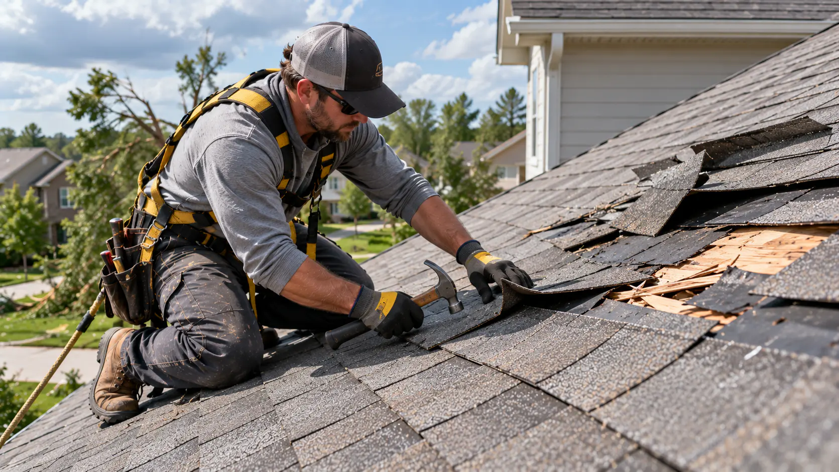 Roofer securing wind-damaged roof materials