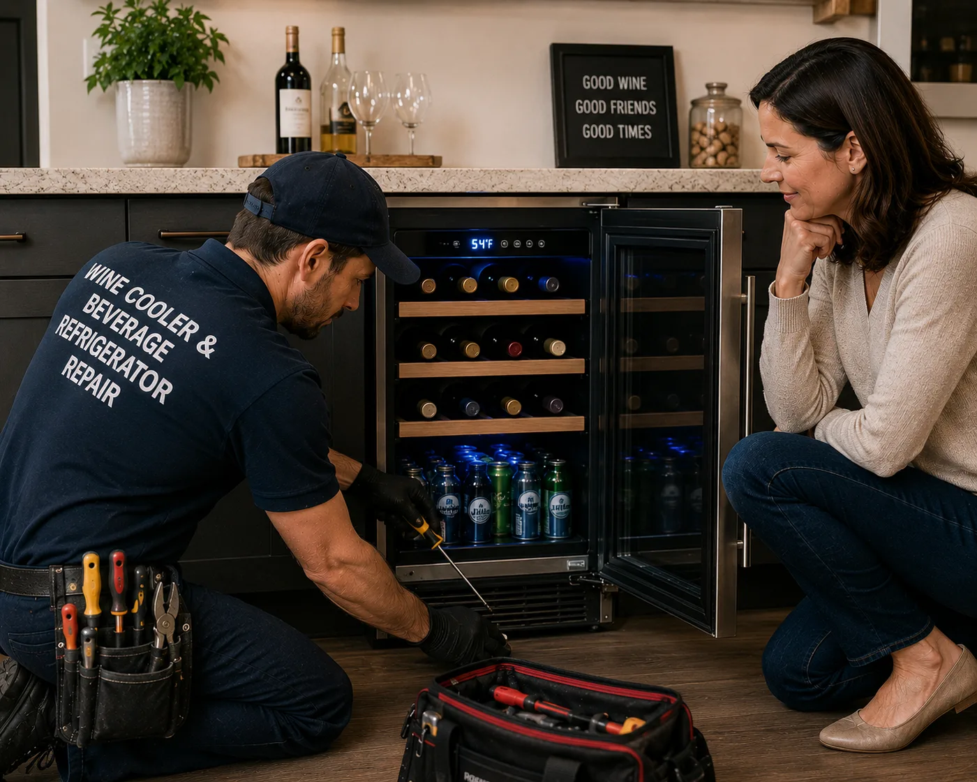 Technician inspecting a wine cooler and beverage refrigerator